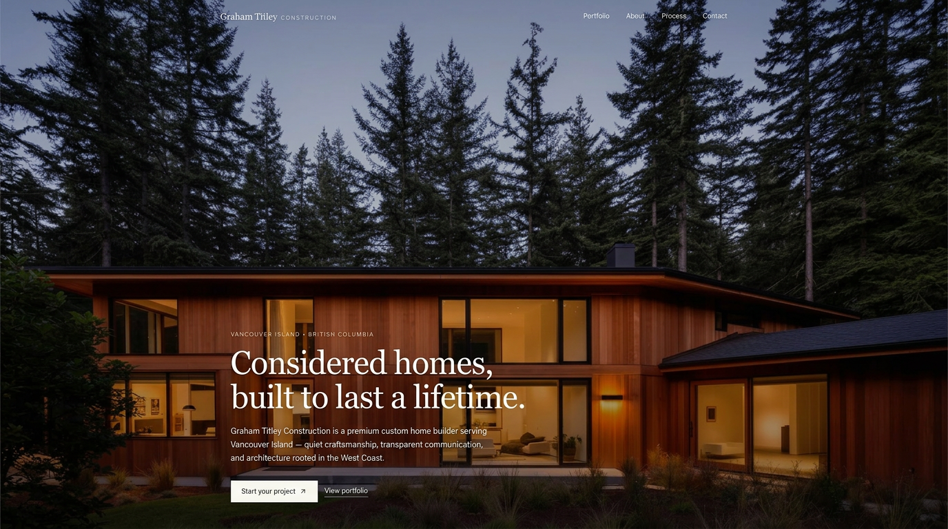 Graham Titley Construction website homepage — Vancouver Island custom home builder showcasing West Coast architecture.