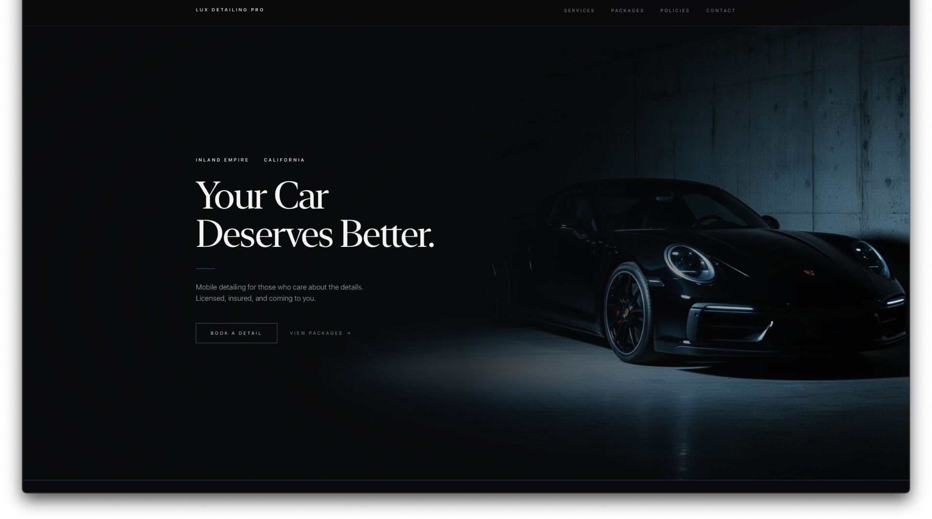 Lux Detailing Pro website homepage — mobile auto detailing service for local vehicle owners.