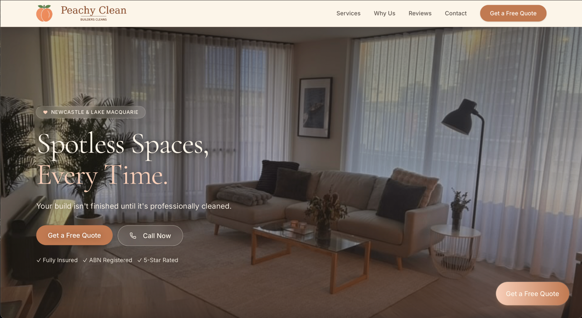 Peachy Clean website homepage — Newcastle and Lake Macquarie builders cleaning specialists.