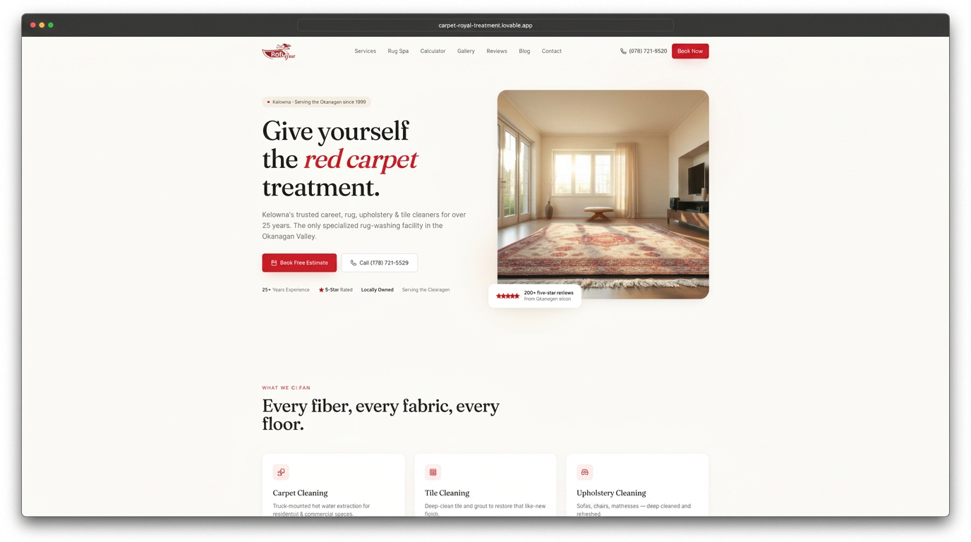 Red Carpet Cleaning Services website homepage — Kelowna carpet, rug and upholstery cleaning specialists.